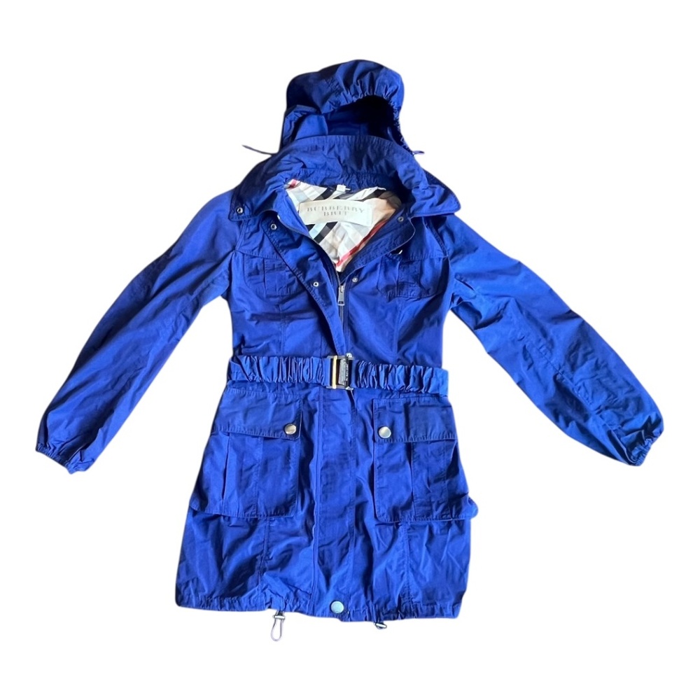 Burberry Brit Royal Blue Trench Coat Zip-In Hood Belted Women’s Size 8